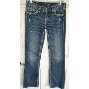 Silver Jeans Women`s Aiko Bootcut Jeans Sz 29X33L Thick Stitch Distress Cowgirl